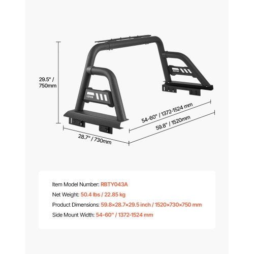 VEVOR Truck Bed Roll Bar, Universal Pickup Sport Adjustable Bar Chase Rack Compatible with Mid-Size Truck, Carbon Steel Construction with Extension