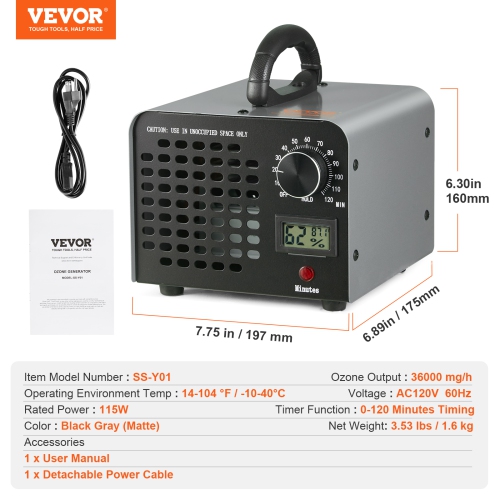 VEVOR 36000mg/h Ozone Generator, Ozone Machine Odor Remover, High Capacity Commercial/Industrial Ozone Generator Machine, Home Air Ionizers