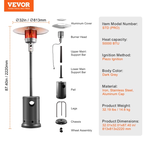 VEVOR 50000BTU Patio Heater, Propane Heater Tall Hammered With Round Table Design, Metal Burner and Wheels, Outdoor Patio Flame Heater for Patio,