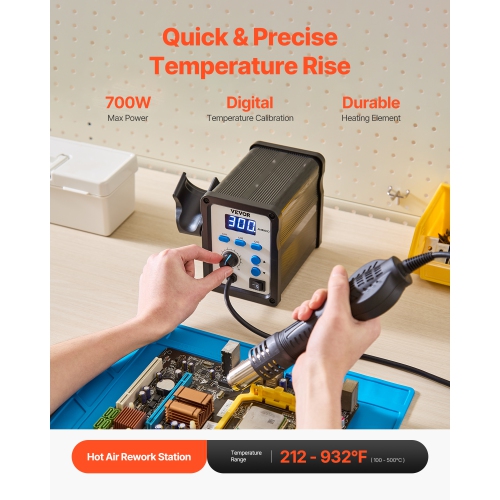 VEVOR 700W Hot Air Rework Station, Digital SMD Rework Station, 212℉-932℉ Hot Air Gun with 20-Level Adjustable Airflow, 3 Pre-Set Channels&3 Hot Air