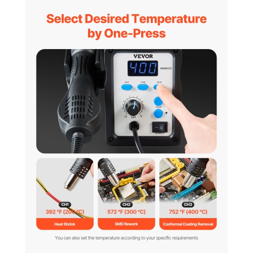 VEVOR 700W Hot Air Rework Station, Digital SMD Rework Station, 212℉-932℉ Hot Air Gun with 20-Level Adjustable Airflow, 3 Pre-Set Channels&3 Hot Air