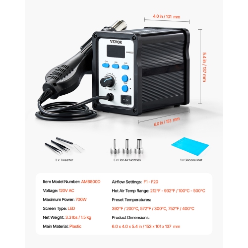 VEVOR 700W Hot Air Rework Station, Digital SMD Rework Station, 212℉-932℉ Hot Air Gun with 20-Level Adjustable Airflow, 3 Pre-Set Channels&3 Hot Air