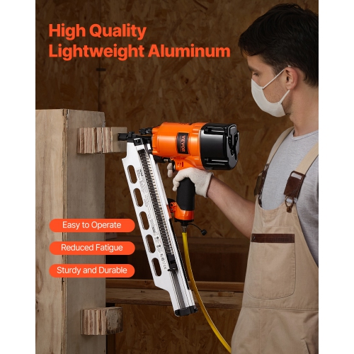 VEVOR 80-120PSI Framing Nailer, 2" to 3-1/2" 21 Degree Full Round Head Pneumatic Framing Nailer with Dual Trigger Modes & Tool-Less Depth Adjustment,
