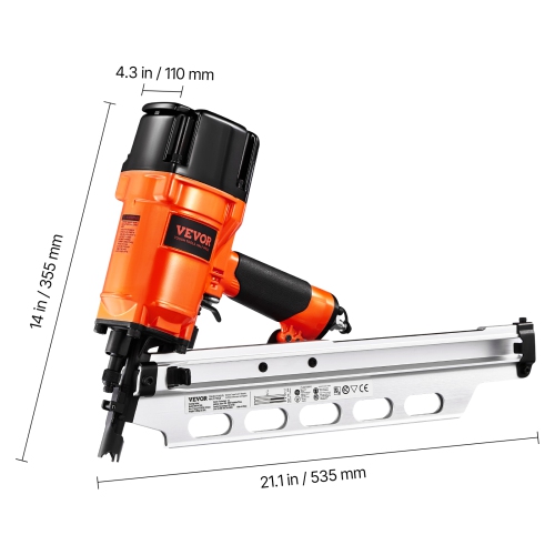 VEVOR 80-120PSI Framing Nailer, 2" to 3-1/2" 21 Degree Full Round Head Pneumatic Framing Nailer with Dual Trigger Modes & Tool-Less Depth Adjustment,