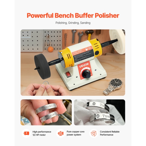VEVOR 1/2HP Bench Buffer Polisher, Polishing Buffing Machine, 0 to 8000RPM Benchtop Polisher Grinder with 4" Cloth Wheel, 3" Grinding Wheel & 3"