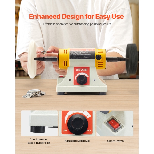 VEVOR 1/2HP Bench Buffer Polisher, Polishing Buffing Machine, 0 to 8000RPM Benchtop Polisher Grinder with 4" Cloth Wheel, 3" Grinding Wheel & 3"