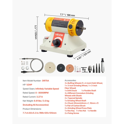 VEVOR 1/2HP Bench Buffer Polisher, Polishing Buffing Machine, 0 to 8000RPM Benchtop Polisher Grinder with 4" Cloth Wheel, 3" Grinding Wheel & 3"