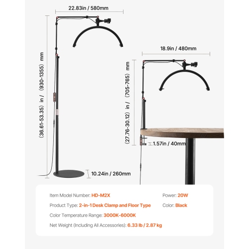 Lampe demi-lune VEVOR pour Esthéticien, lampe de plancher et de bureau 2 en 1 LED pour rallonges de cils, lampe de cils arquée avec support de