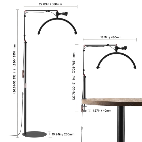 Lampe demi-lune VEVOR pour Esthéticien, lampe de plancher et de bureau 2 en 1 LED pour rallonges de cils, lampe de cils arquée avec support de