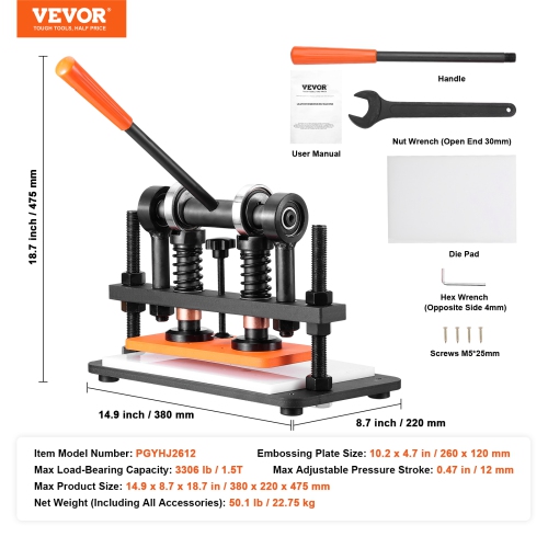 VEVOR 10.2 x 4.7 in Leather Cutting Machine, Embossing Plate Manual Die Cutter, 0.47 in Pressure Stroke Leather Embossing Machine, Dual Guide Shafts
