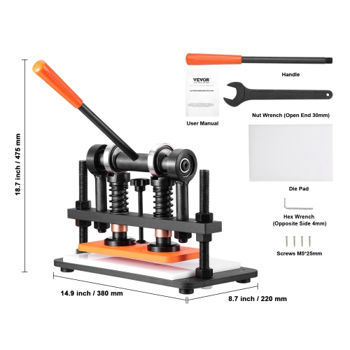 VEVOR 10.2 x 4.7 in Leather Cutting Machine, Embossing Plate Manual Die Cutter, 0.47 in Pressure Stroke Leather Embossing Machine, Dual Guide Shafts