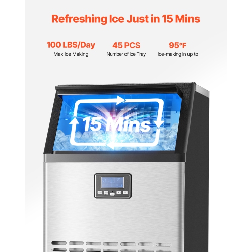 VEVOR 100lbs/24H Commercial Ice Maker Machine, with 33lbs Storage Capacity, 45 Ice Cubes in 15 Minutes, LED Digital Display Freestanding