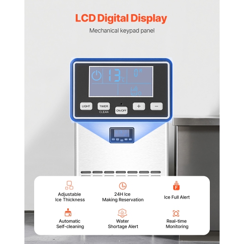 VEVOR 100lbs/24H Commercial Ice Maker Machine, with 33lbs Storage Capacity, 45 Ice Cubes in 15 Minutes, LED Digital Display Freestanding