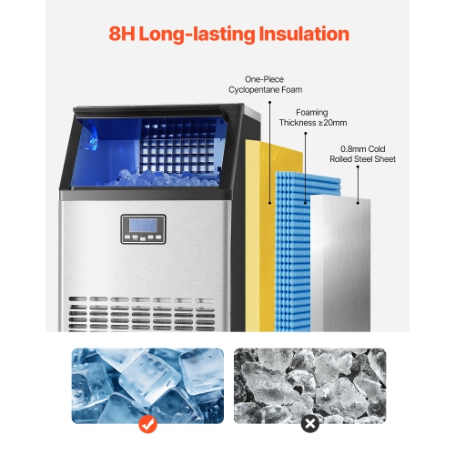 VEVOR 100lbs/24H Commercial Ice Maker Machine, with 33lbs Storage Capacity, 45 Ice Cubes in 15 Minutes, LED Digital Display Freestanding