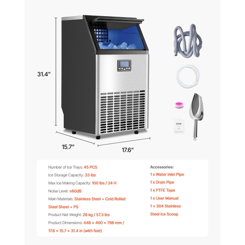 VEVOR 100lbs/24H Commercial Ice Maker Machine, with 33lbs Storage Capacity, 45 Ice Cubes in 15 Minutes, LED Digital Display Freestanding