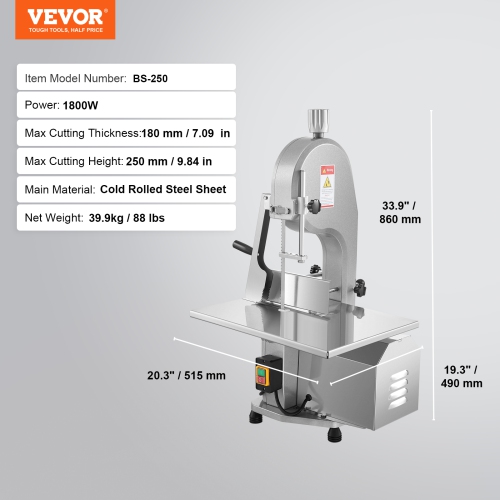 VEVOR 1800W Commercial Electric Meat Bandsaw, Stainless Steel, Workbeach 15" x 19.1", 7.09 Inch Max Cutting Thickness, Frozen Meat Cutter with 5