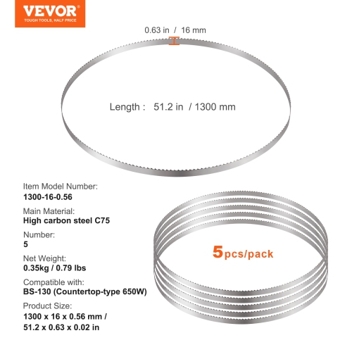 VEVOR 51.2x0.63x0.02 in Band Saw Blade, 5 PCS/Pack Meat Bandsaw Blades for Replacement, Carbon Steel Blade, Blade Wrapped by Rust-Proof Paper, Fit