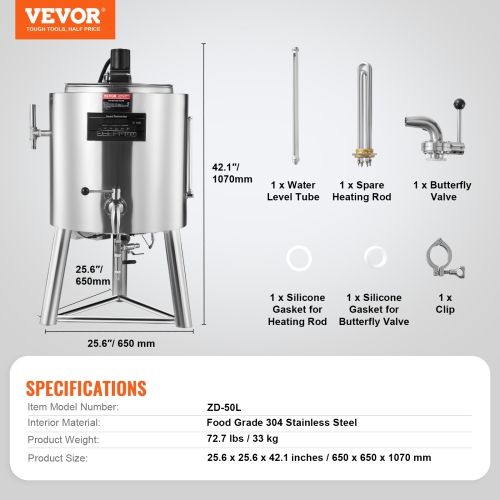 VEVOR 50L Milk Pasteurizer , Commercial Milk Pasteurization Machine, Food Grade 304 Stainless Steel, Professional Pasteurization with Time and