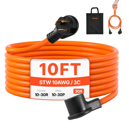VEVOR 10 ft Dryer Extension Cord, 3-Prong NEMA 10-30P to 10-30R Dryer Cord, 125V/250V STW 10AWG/3C, 30A, Pure Copper Wire Cable with Black Non-woven