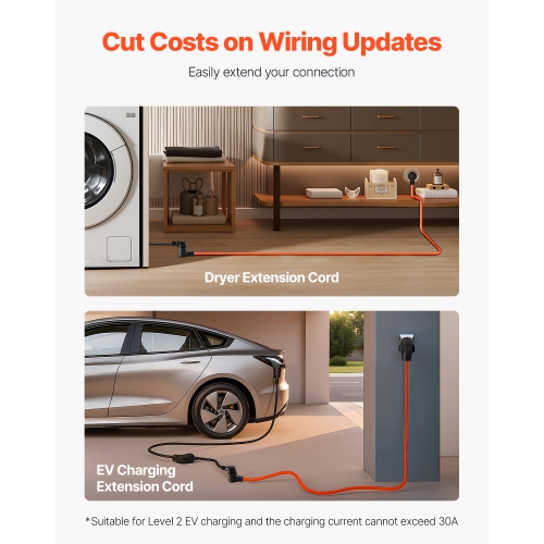 VEVOR 10 ft Dryer Extension Cord, 3-Prong NEMA 10-30P to 10-30R Dryer Cord, 125V/250V STW 10AWG/3C, 30A, Pure Copper Wire Cable with Black Non-woven