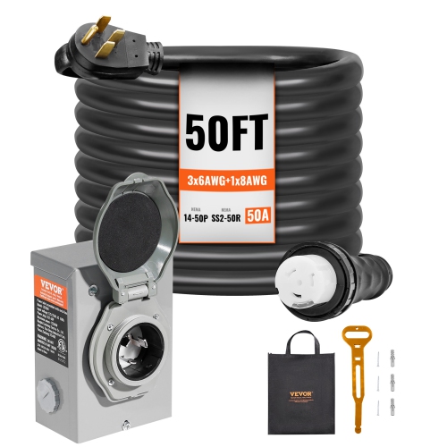 VEVOR  50 Amp Generator Cord And Power Inlet Box Kit, 50Ft, Nema 14-50P/ss2-50R Stw 6/3+8/1 Awg Generator Power Cord \w Twist Lock Connector