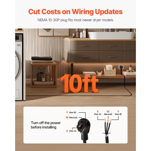 VEVOR 10 ft Dryer Power Cord, 3-Prong NEMA 10-30P Appliance Dryer Cord with Eyelet Connectors, 125V/250V, SDRT 10AWG/3C, 30A, Pure Copper Wire Cable