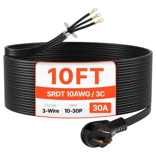 VEVOR 10 ft Dryer Power Cord, 3-Prong NEMA 10-30P Appliance Dryer Cord with Eyelet Connectors, 125V/250V, SDRT 10AWG/3C, 30A, Pure Copper Wire Cable