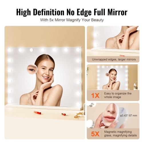 VEVOR 31.5x23.6in Hollywood Vanity Mirror With Lights,Dimmable Bulbs &3 Color Lighting Modes, Makeup Mirror w/ Detachable 5X Magnification,USB