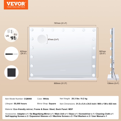 VEVOR 31.5x23.6in Hollywood Vanity Mirror With Lights,Dimmable Bulbs &3 Color Lighting Modes, Makeup Mirror w/ Detachable 5X Magnification,USB