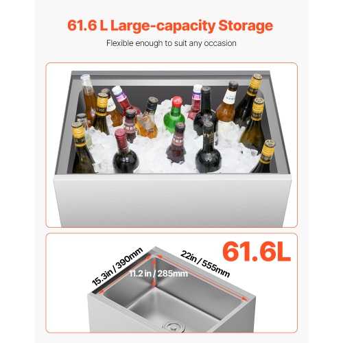 VEVOR 61.6L Commercial Ice Bin, Rolling Ice Chest, 24 x 19.1 x 36.8 in Stainless Steel, with Sliding Lid, Bottom Storage Tray, Adjustable Bullet