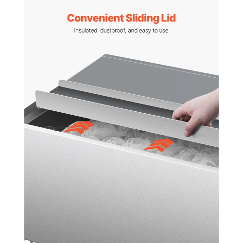 VEVOR 61.6L Commercial Ice Bin, Rolling Ice Chest, 24 x 19.1 x 36.8 in Stainless Steel, with Sliding Lid, Bottom Storage Tray, Adjustable Bullet