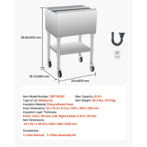 VEVOR 61.6L Commercial Ice Bin, Rolling Ice Chest, 24 x 19.1 x 36.8 in Stainless Steel, with Sliding Lid, Bottom Storage Tray, Adjustable Bullet