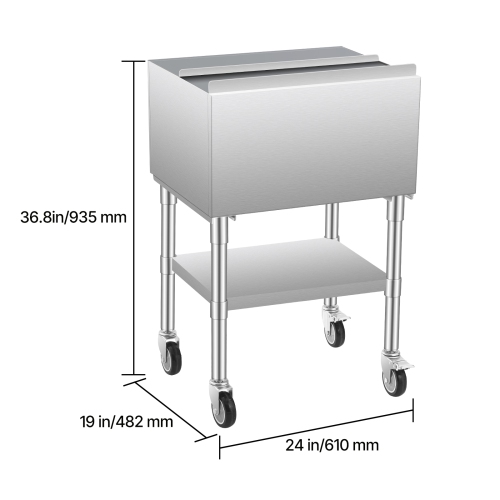VEVOR 61.6L Commercial Ice Bin, Rolling Ice Chest, 24 x 19.1 x 36.8 in Stainless Steel, with Sliding Lid, Bottom Storage Tray, Adjustable Bullet