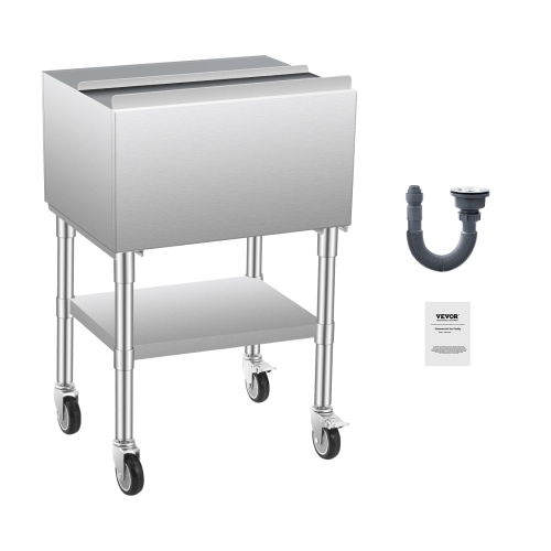 VEVOR 61.6L Commercial Ice Bin, Rolling Ice Chest, 24 x 19.1 x 36.8 in Stainless Steel, with Sliding Lid, Bottom Storage Tray, Adjustable Bullet