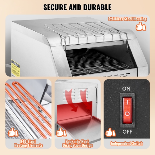 VEVOR Commercial Conveyor Toaster, 300 Slices/Hour Conveyor Belt Toaster, Heavy Duty Stainless Steel Commercial Toaster Oven, Electric Restaurant