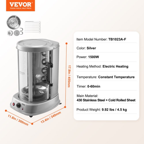 VEVOR Shawarma Grill Machine, Vertical Chicken Shawarma Cooker Machine Countertop, Electric Stainless Steel Broiler Gyro Rotisserie Oven Doner Kebab
