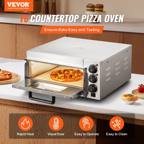 VEVOR 16" Commercial Pizza Oven Countertop, Single Deck Layer, Stainless Steel Electric Pizza Oven with Stone and Handle, Multipurpose Indoor Pizza