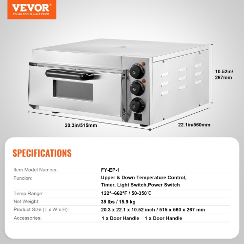 VEVOR 16" Commercial Pizza Oven Countertop, Single Deck Layer, Stainless Steel Electric Pizza Oven with Stone and Handle, Multipurpose Indoor Pizza