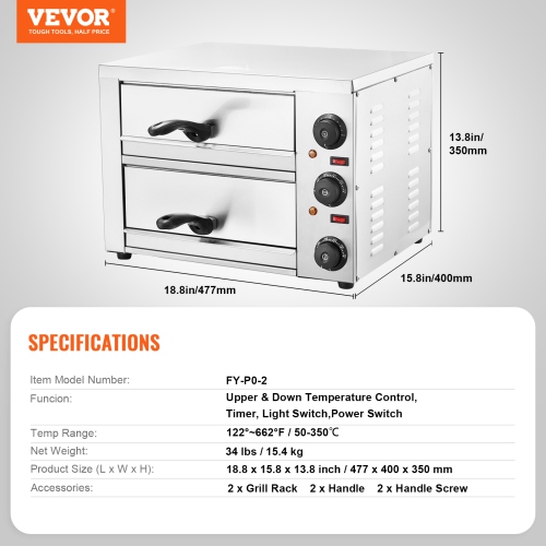 VEVOR 12-inch Electric Pizza Oven for Countertops, 1700W, with Temp Control & 0-120 Min Timer, Even Baking Technology & Easy Clean Crumb Tray, Ideal