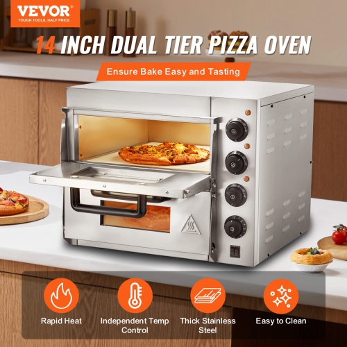 VEVOR 14" Commercial Pizza Oven Countertop, Double Deck Layer, Stainless Steel Electric Pizza Oven with Stone and Handle, Multipurpose Indoor Pizza