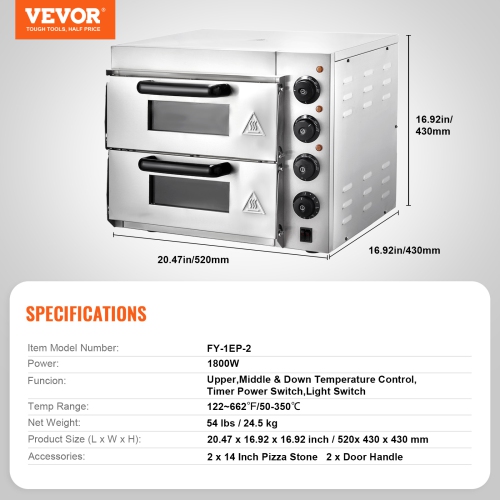 VEVOR 14" Commercial Pizza Oven Countertop, Double Deck Layer, Stainless Steel Electric Pizza Oven with Stone and Handle, Multipurpose Indoor Pizza