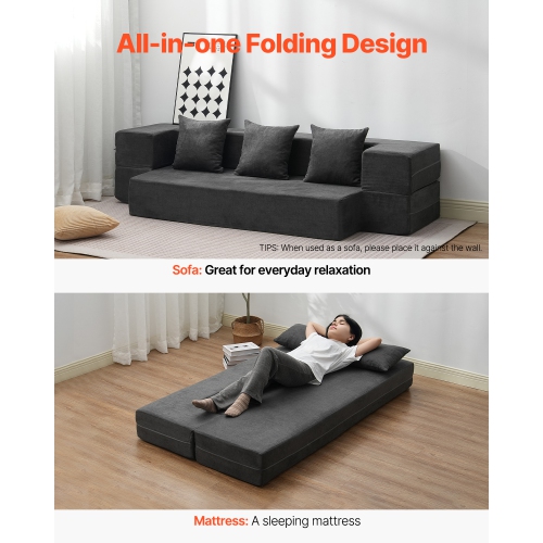 VEVOR 3-in-1 Folding Sofa Bed, Foldable Couch Bed with 3 Pillows and Washable Cover, 25D High Density Memory Foam Convertible Sleeper Chair Bed,