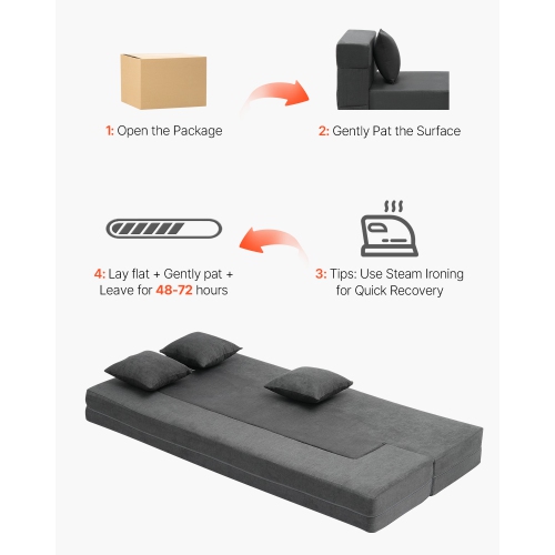VEVOR 3-in-1 Folding Sofa Bed, Foldable Couch Bed with 3 Pillows and Washable Cover, 25D High Density Memory Foam Convertible Sleeper Chair Bed,