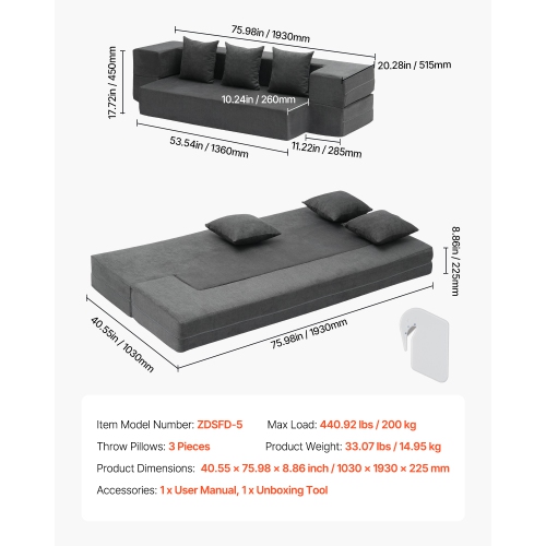 VEVOR 3-in-1 Folding Sofa Bed, Foldable Couch Bed with 3 Pillows and Washable Cover, 25D High Density Memory Foam Convertible Sleeper Chair Bed,