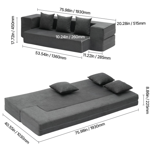 VEVOR 3-in-1 Folding Sofa Bed, Foldable Couch Bed with 3 Pillows and Washable Cover, 25D High Density Memory Foam Convertible Sleeper Chair Bed,