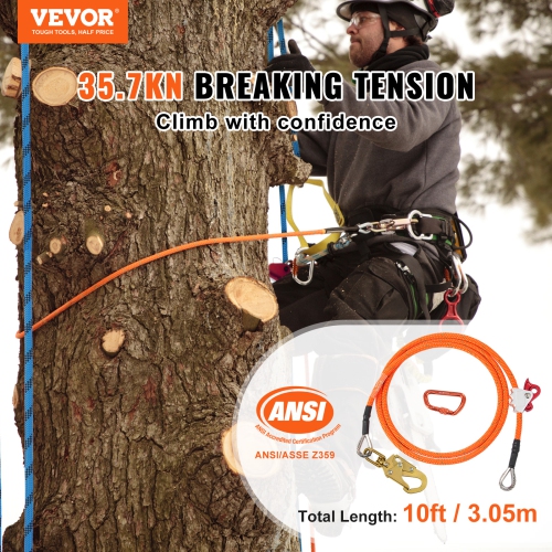 VEVOR 12.7mm Steel Core Flipline,10ft(3m) Arborist Flipline,Flip Line for Tree Climbing with Alloy Steel Snap Hook & Aluminum Alloy Carabiner,30KN