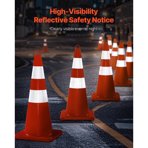 VEVOR 12 x 28" Safety Cones, Traffic Cones, PVC Orange Construction Cones, 2 Reflective Collars Traffic Cones with Weighted Base and Hand-Held Ring