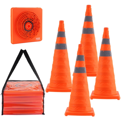 VEVOR 4 Pack Safety Cones, 28 inch Collapsible Traffic Cones, Construction Cones with Reflective Collars, Wide Base and A Storage Bag, for Traffic