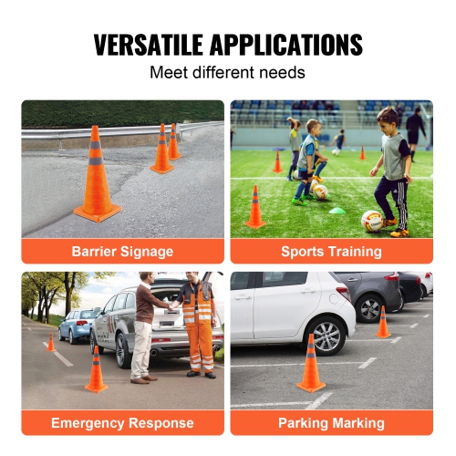 VEVOR 4 Pack Safety Cones, 28 inch Collapsible Traffic Cones, Construction Cones with Reflective Collars, Wide Base and A Storage Bag, for Traffic