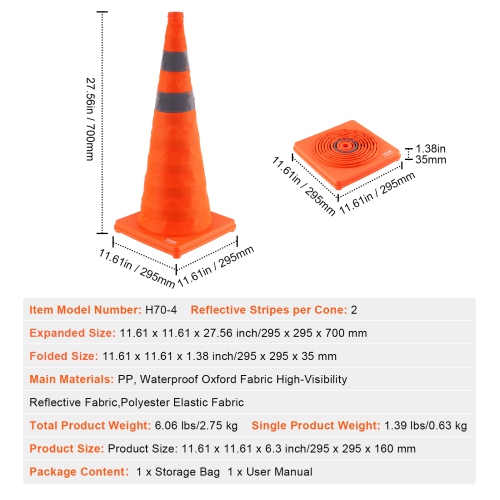 VEVOR 4 Pack Safety Cones, 28 inch Collapsible Traffic Cones, Construction Cones with Reflective Collars, Wide Base and A Storage Bag, for Traffic